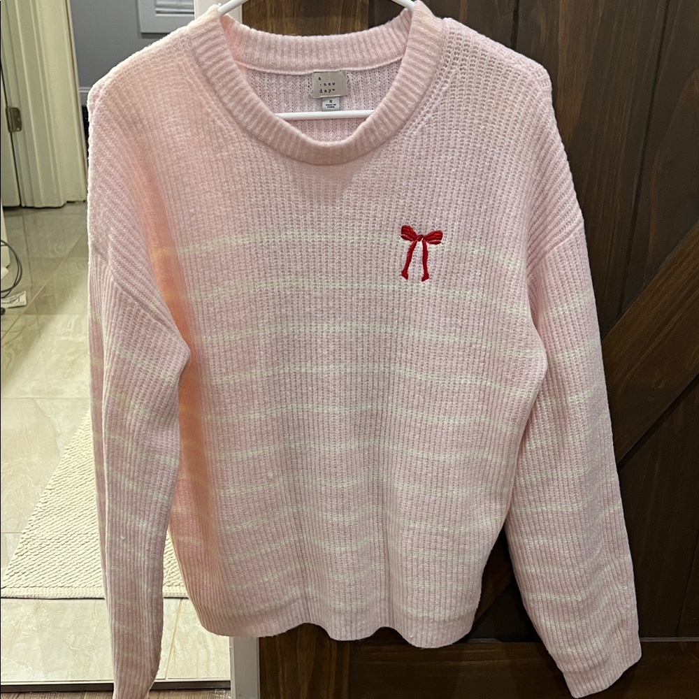 a new day Light Pink Sweater with Red Bow